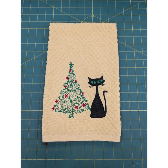 Retro Vintage Christmas Atomic Cat Mid Century Modern Kitchen Tea Towel Yellow - Picture 5 of 7